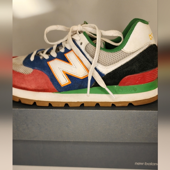Mens New Balance 574Rugged Athletic Shoe Red Blue Green Journeys Sneakers - Picture 1 of 10